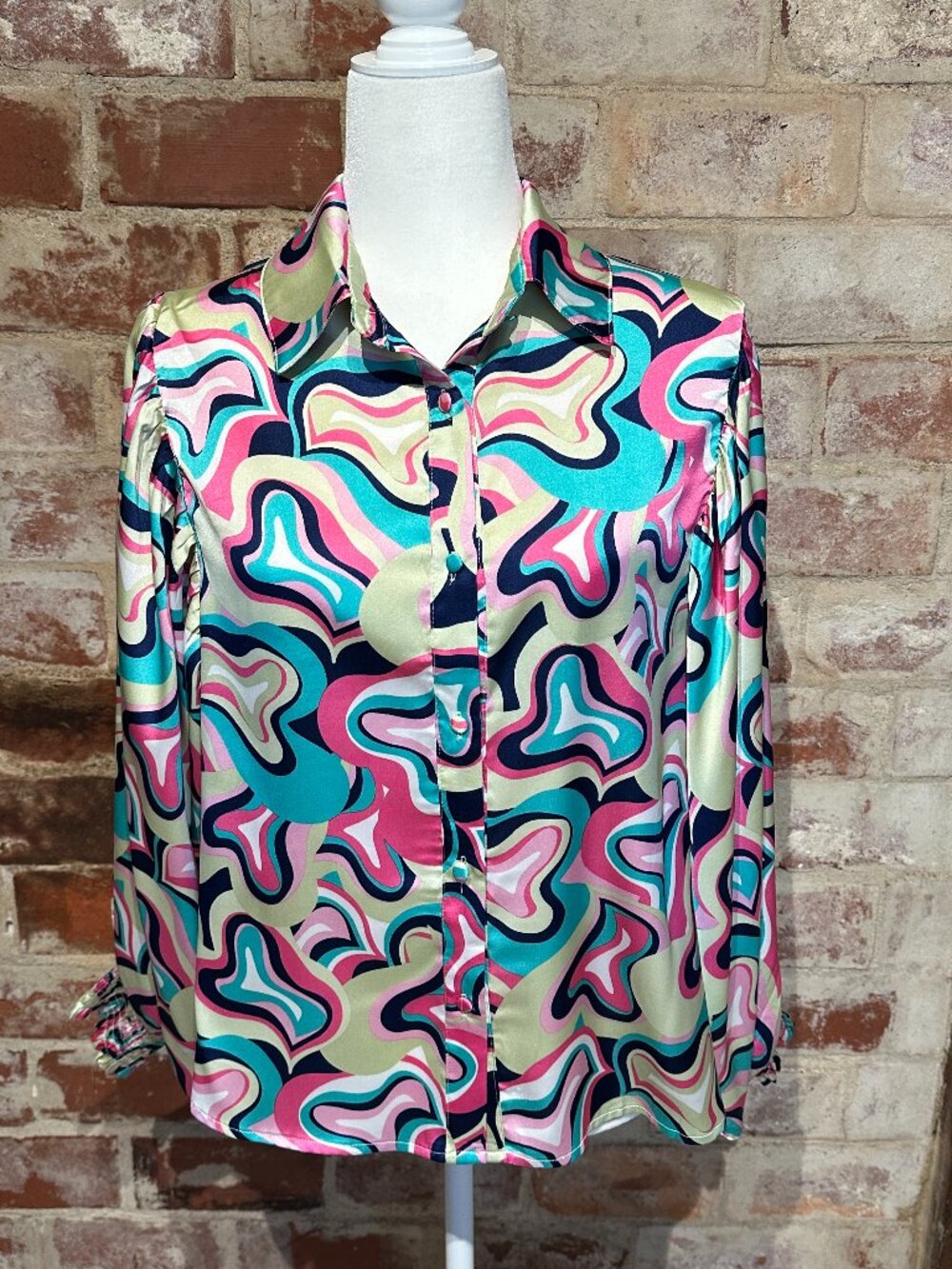 Ee:some Multi-colored collared blouse with balloon sleeves: Size S